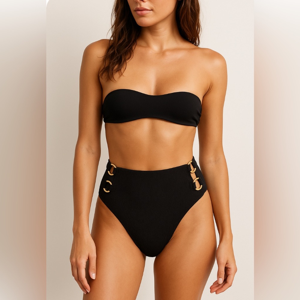 Michael Kors Black High Waist Bikini Bottom S XS Textured w/ Gold Ring Hardware